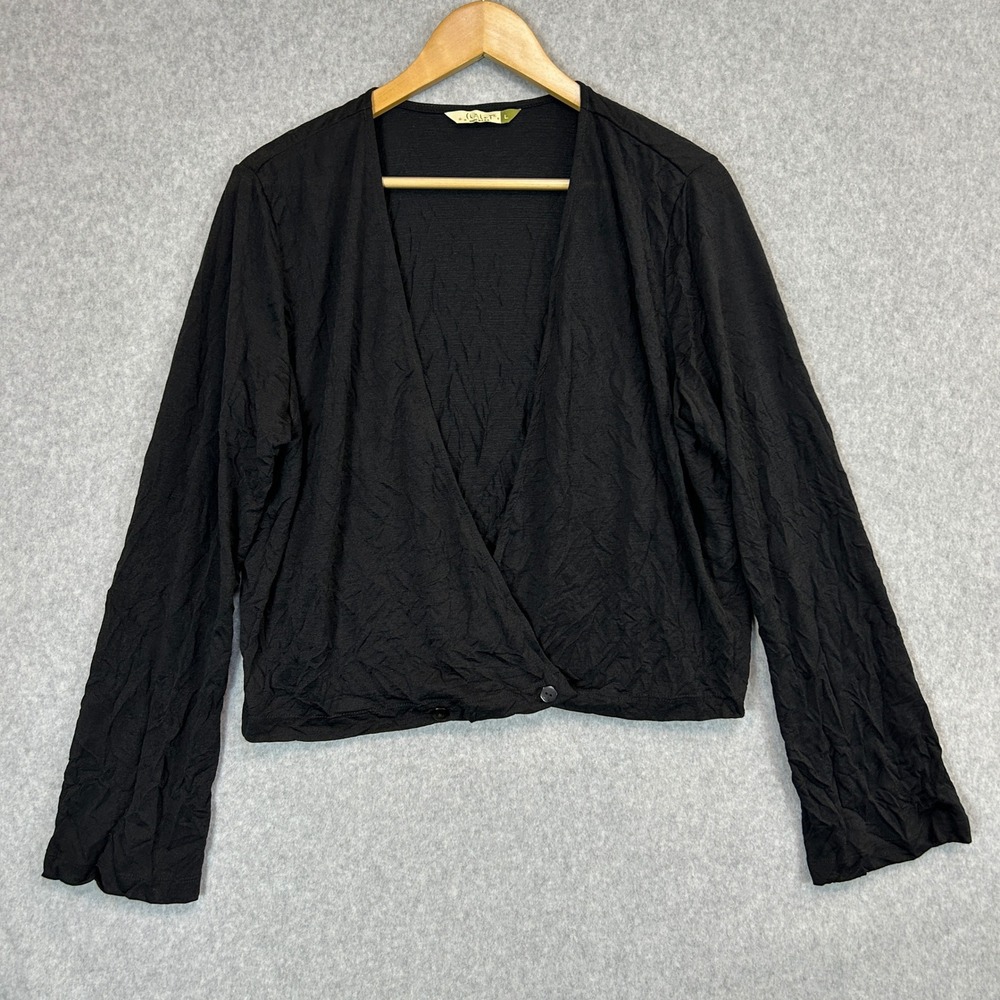 Chalet Wrap Top Sweater Black Crinkle Texture Button Front Lightweight Sz Large